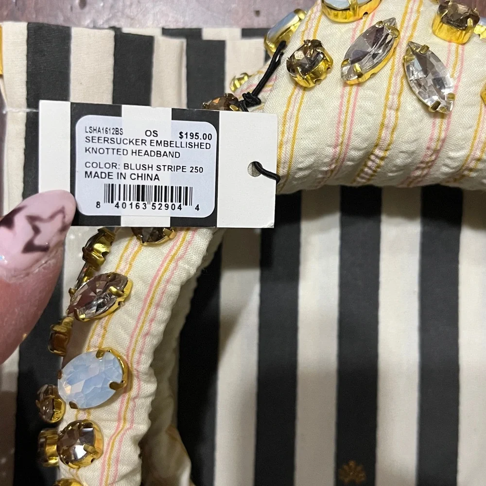 Lele Sadoughi STRIPE SEERSUCKER EMBELLISHED KNOTTED HEADBAND Blush NWT